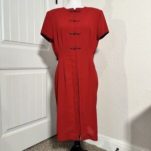 Vintage Karin Steven’s Red Asian inspired midi Dress Size 10 80s 90s